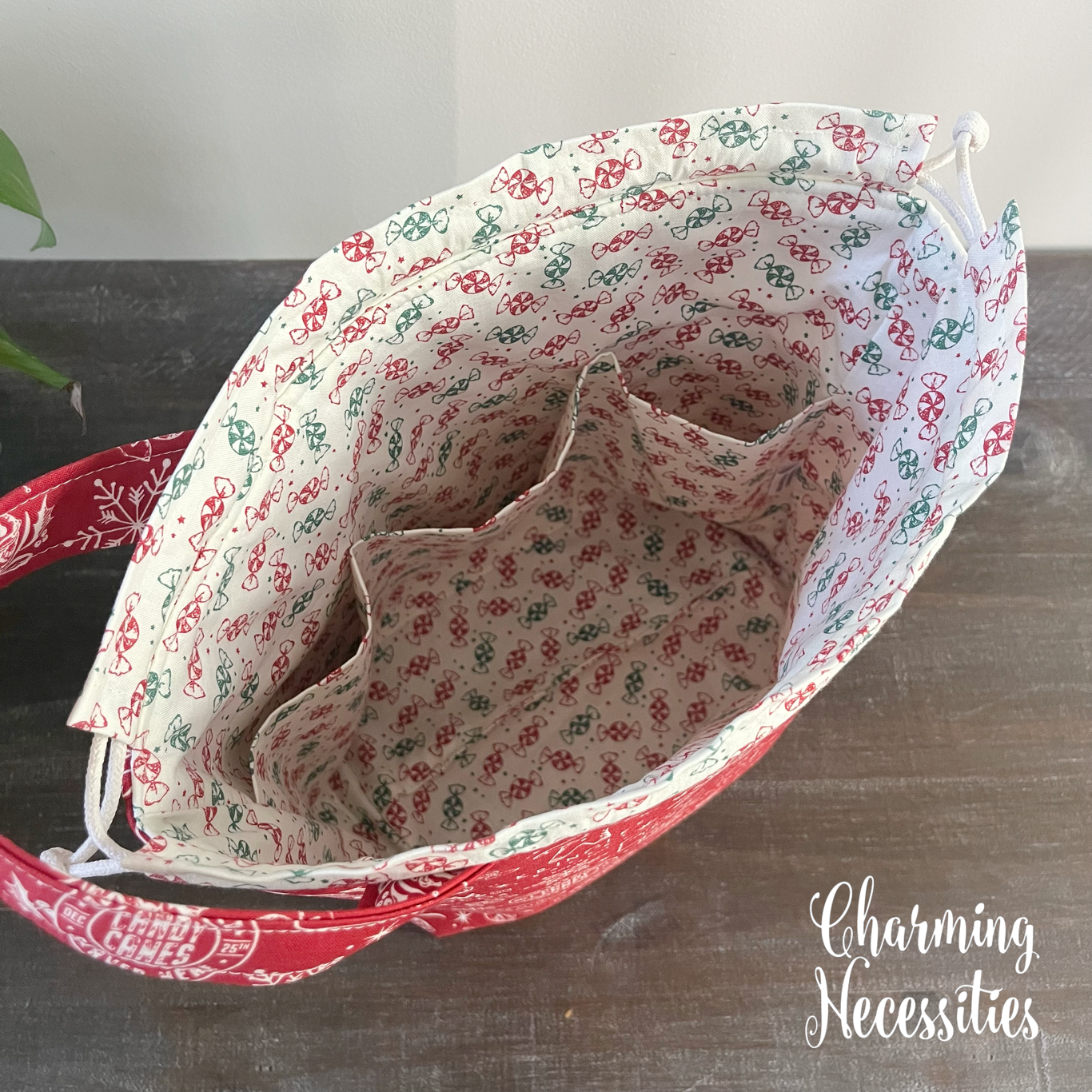 Knitting Project Bag, Christmas Bakery Drawstring Tote