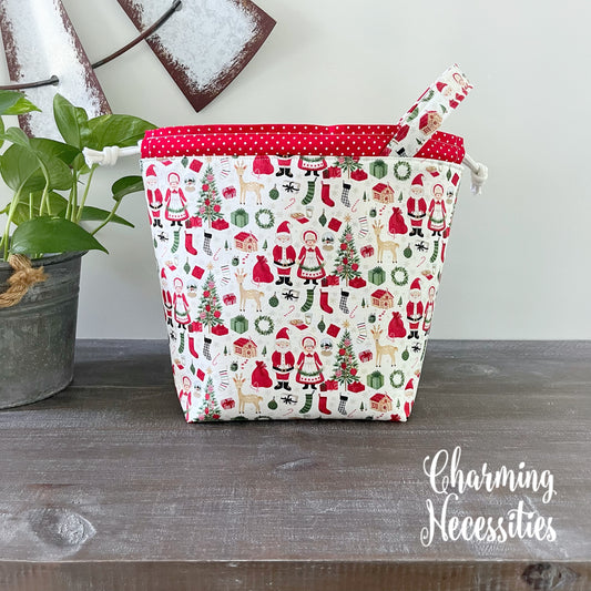 Knitting Project Bag, Santa and Mrs Claus Christmas Drawstring Tote
