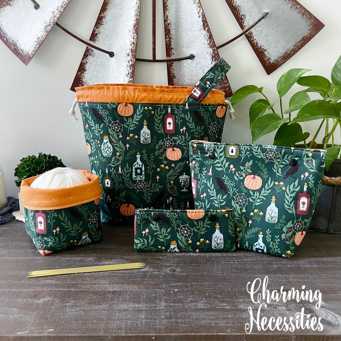 Knitting Project Bag Set, Halloween Apothecary Green