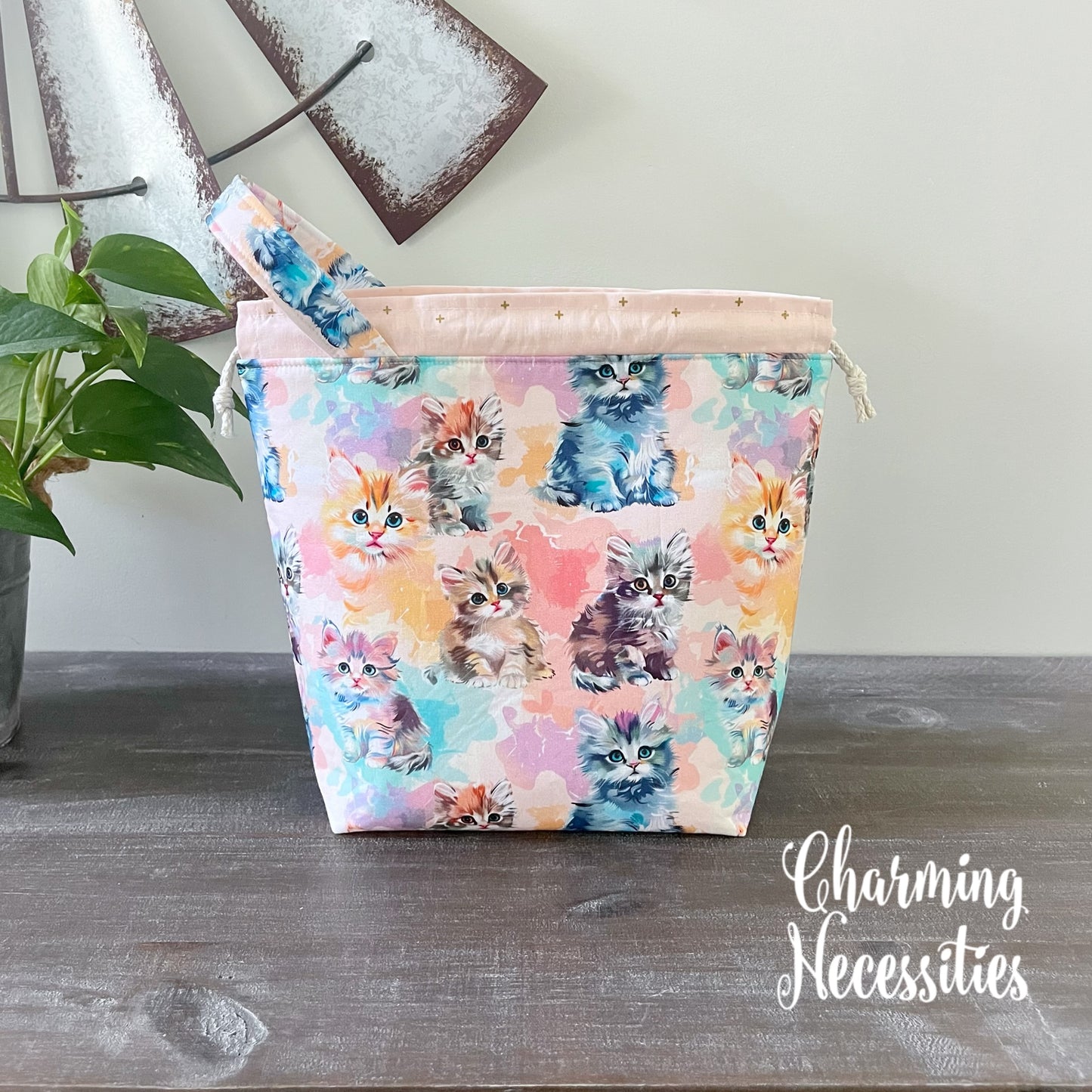Knitting Project Bag, Pastel Kittens, Drawstring Tote