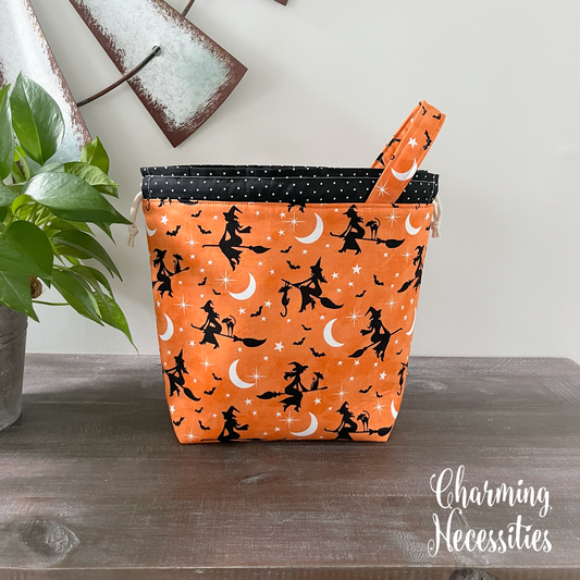 Halloween Knitting Project Bag, Witches and Cats Halloween Drawstring Tote