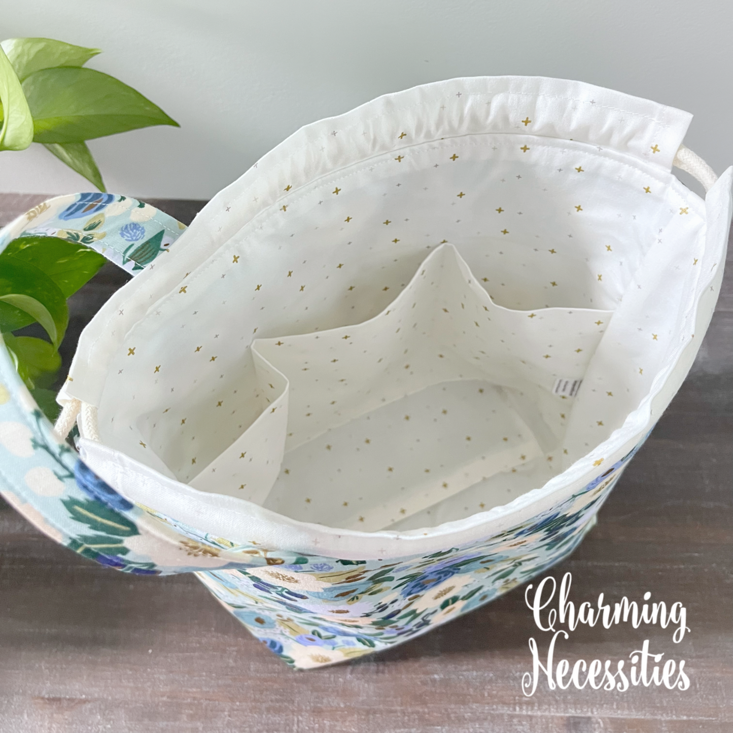 Knitting Project Bag, Rifle Paper Co Vintage Blossoms Mint Drawstring Tote