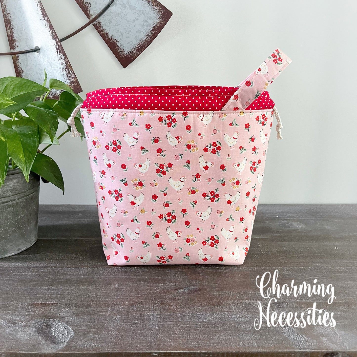 Knitting Project Bag, Vintage Chickens, Drawstring Tote