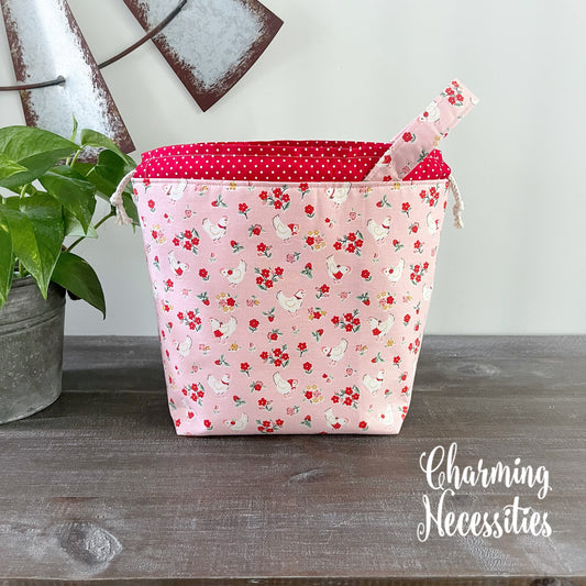 Knitting Project Bag, Vintage Chickens, Drawstring Tote