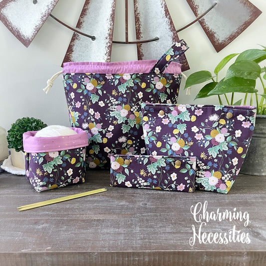 Knitting Project Bag Set, Rifle Paper Co Dahlia Aubergine