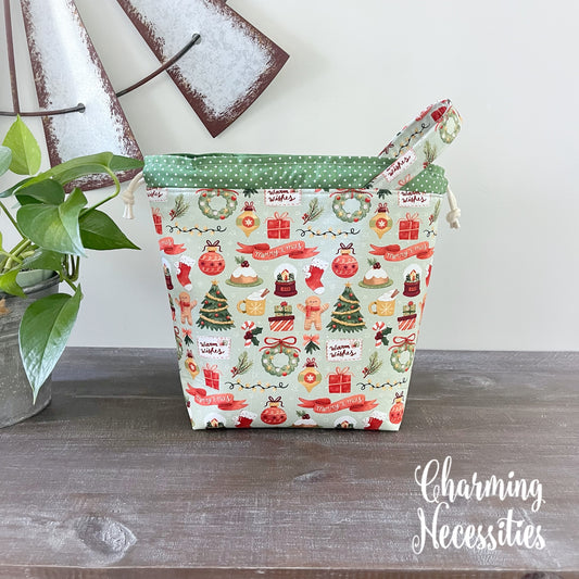 Knitting Project Bag,  Vintage Christmas Drawstring Tote