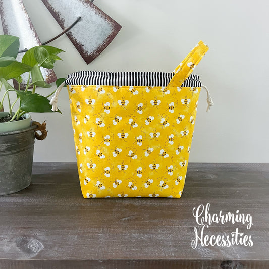 Knitting Project Bag, Bumble Bees on Yellow Drawstring Tote