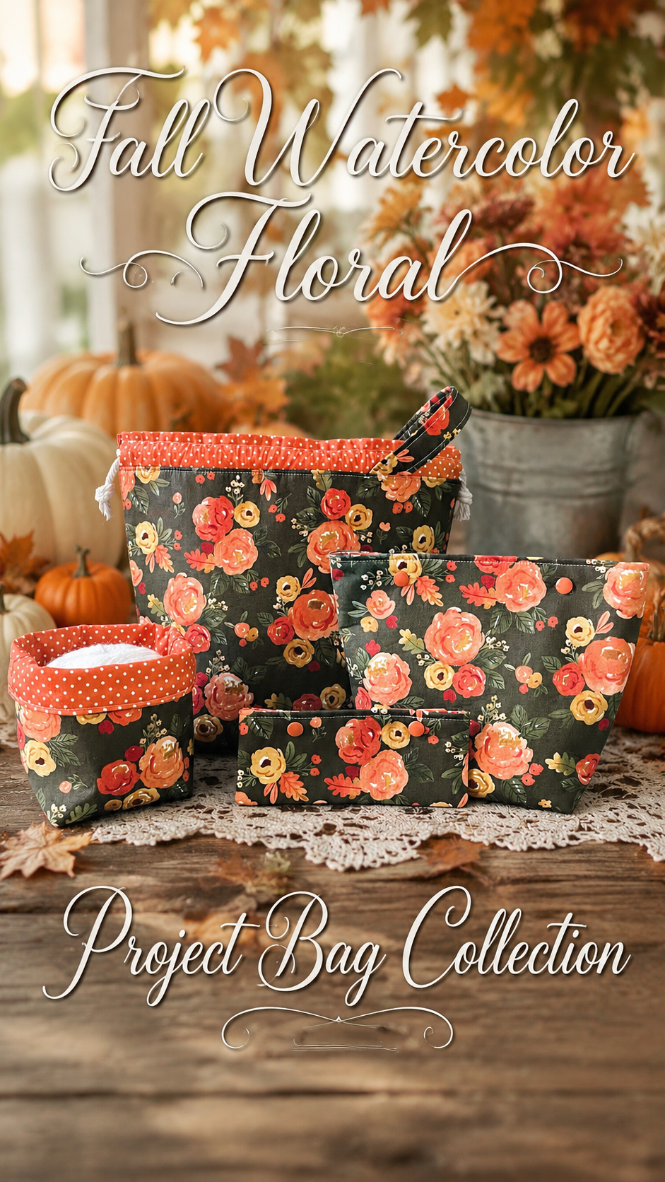 Knitting Project Bag Set, Fall Watercolor Floral