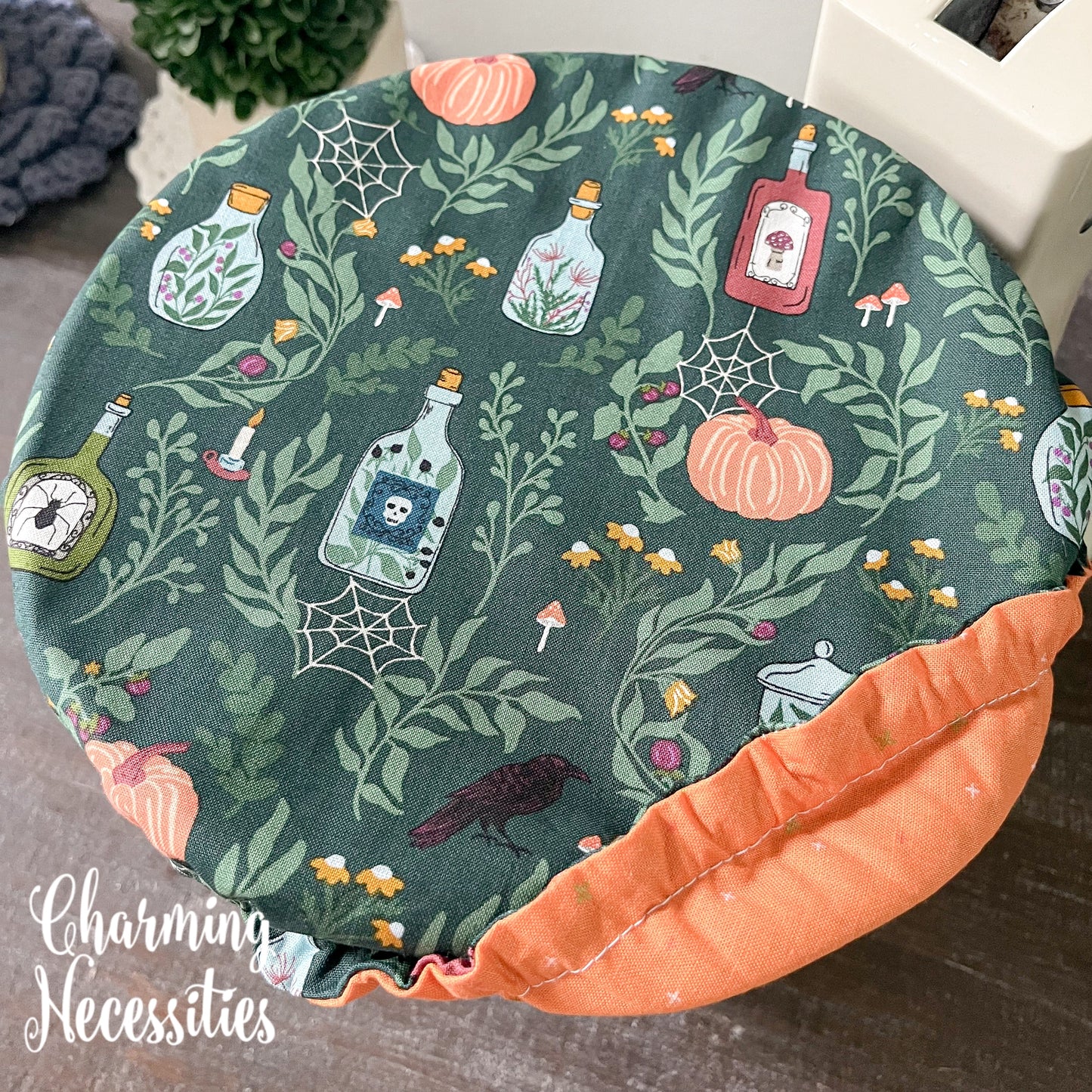 Reusable Fabric Bowl Covers – Cotton Covers for KitchenAid Mixers & Bread Baking, Halloween Apothecary Green