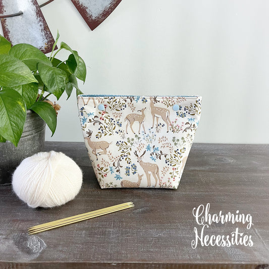 Small Snap Project Bag, Woodland Deer, Crochet Sewing Pouch, Gifts for Knitters Crocheters
