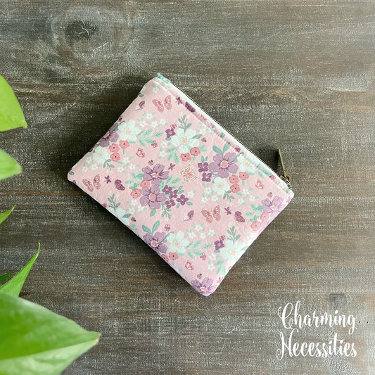 Notions Zipper Pouch, Floral Butterflies Pink Mint, Essentials Oils Pouch, Small Organization Bag