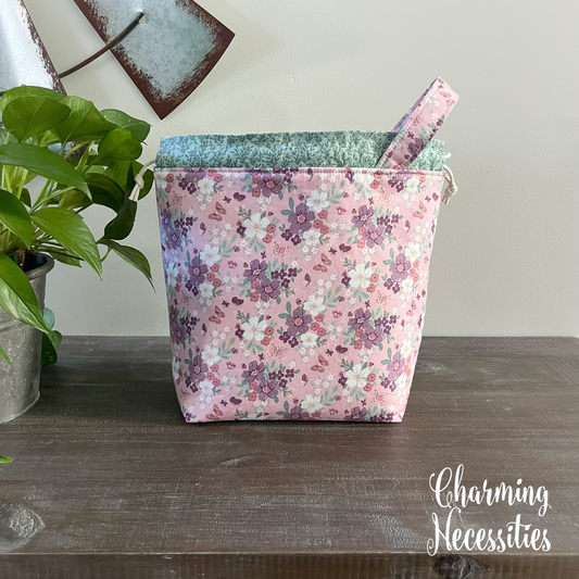 Knitting Project Bag, Floral & Butterflies Pink Mint Drawstring Tote