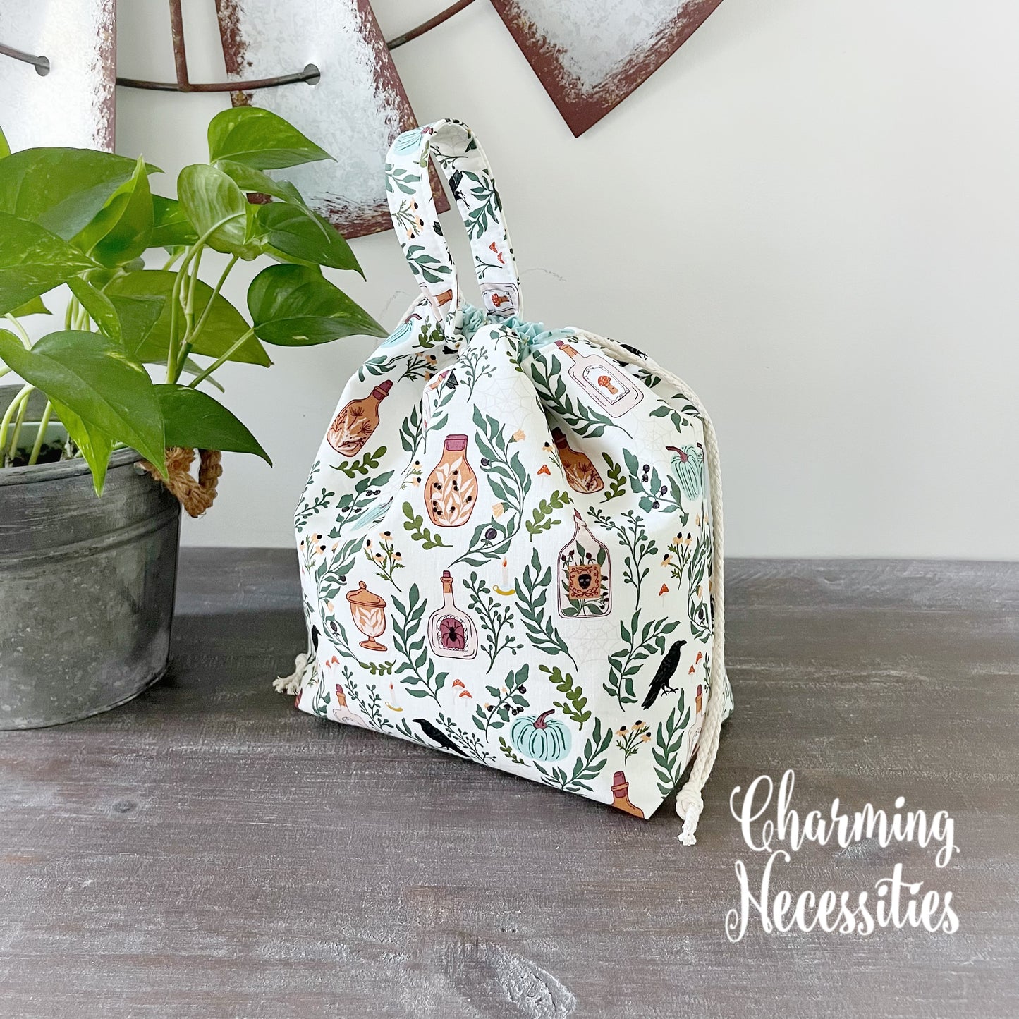 Knitting Project Bag, Halloween Apothecary Ivory, Drawstring Tote