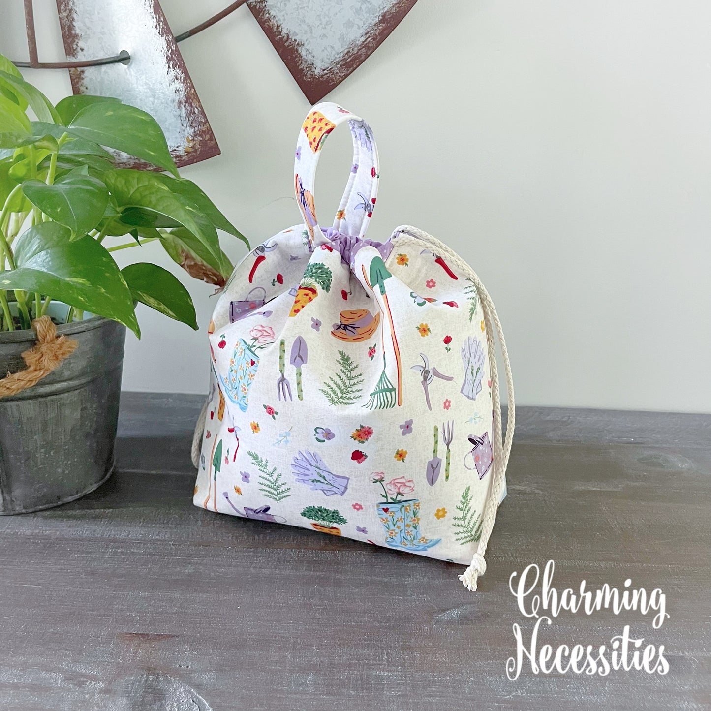 Knitting Project Bag, In the Garden, Drawstring Tote