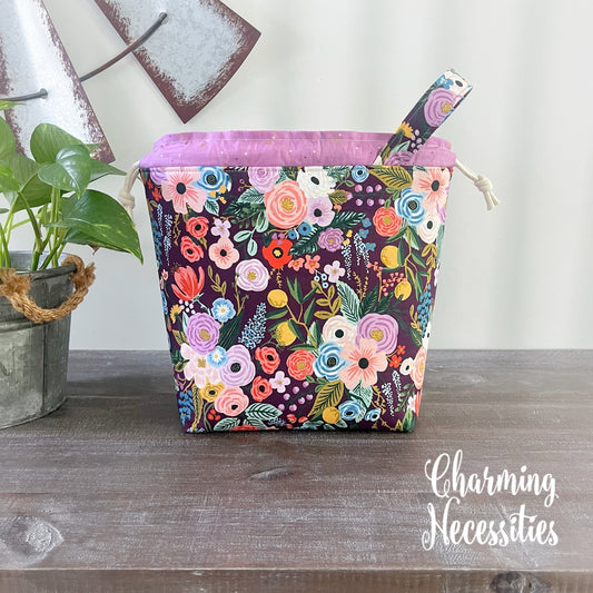 Knitting Project Bag, Rifle Paper Co Orchard Garden Party Burgandy Drawstring Tote