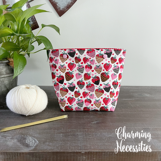 Small Snap Project Bag, Strawberries and Hearts, Crochet Sewing Pouch, Gifts for Knitters Crocheters