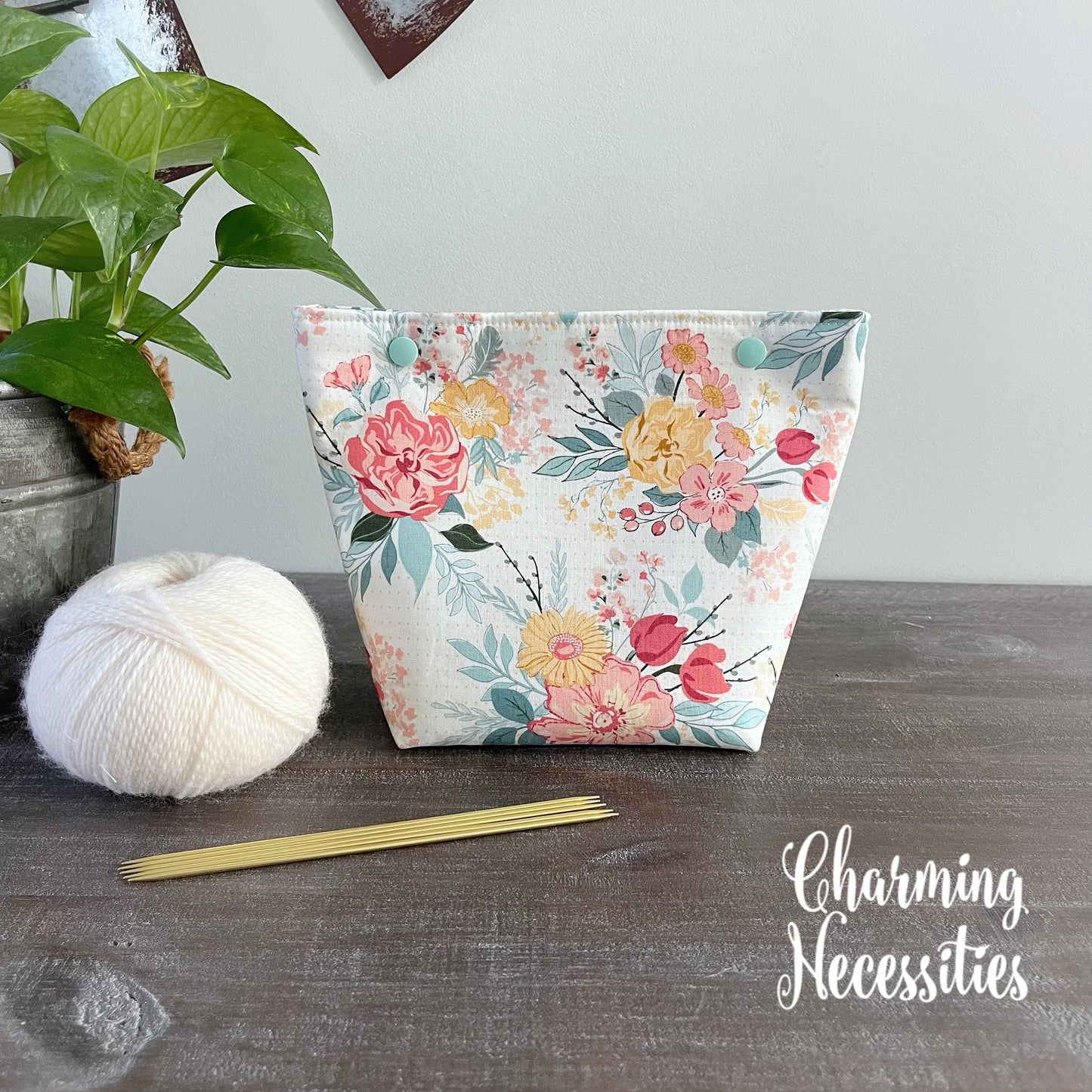 Small Snap Project Bag, Pastel Floral on Ivory Crochet Sewing Pouch, Gifts for Knitters Crocheters