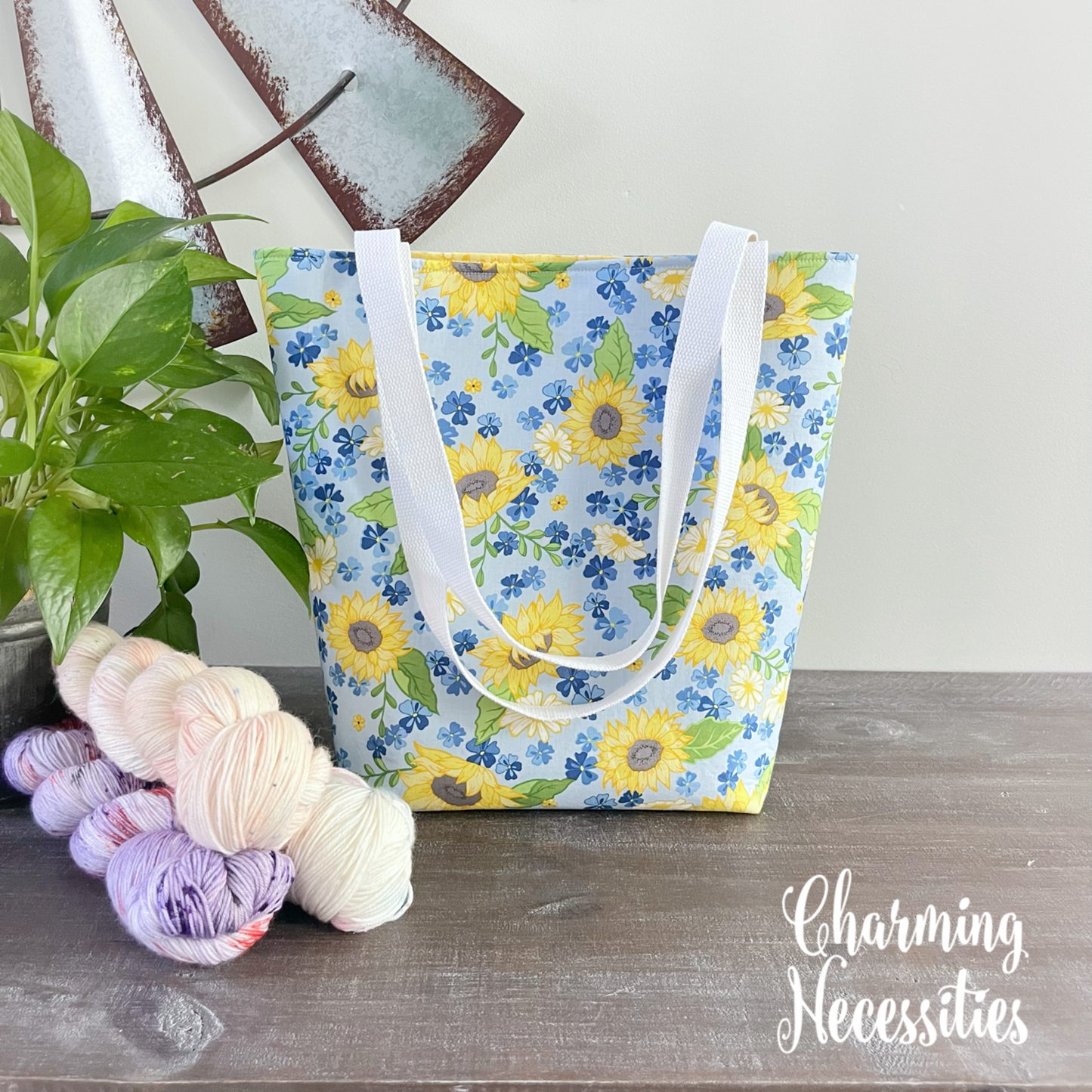 Tote Bag, Sunflowers on Blue Knitting Bag