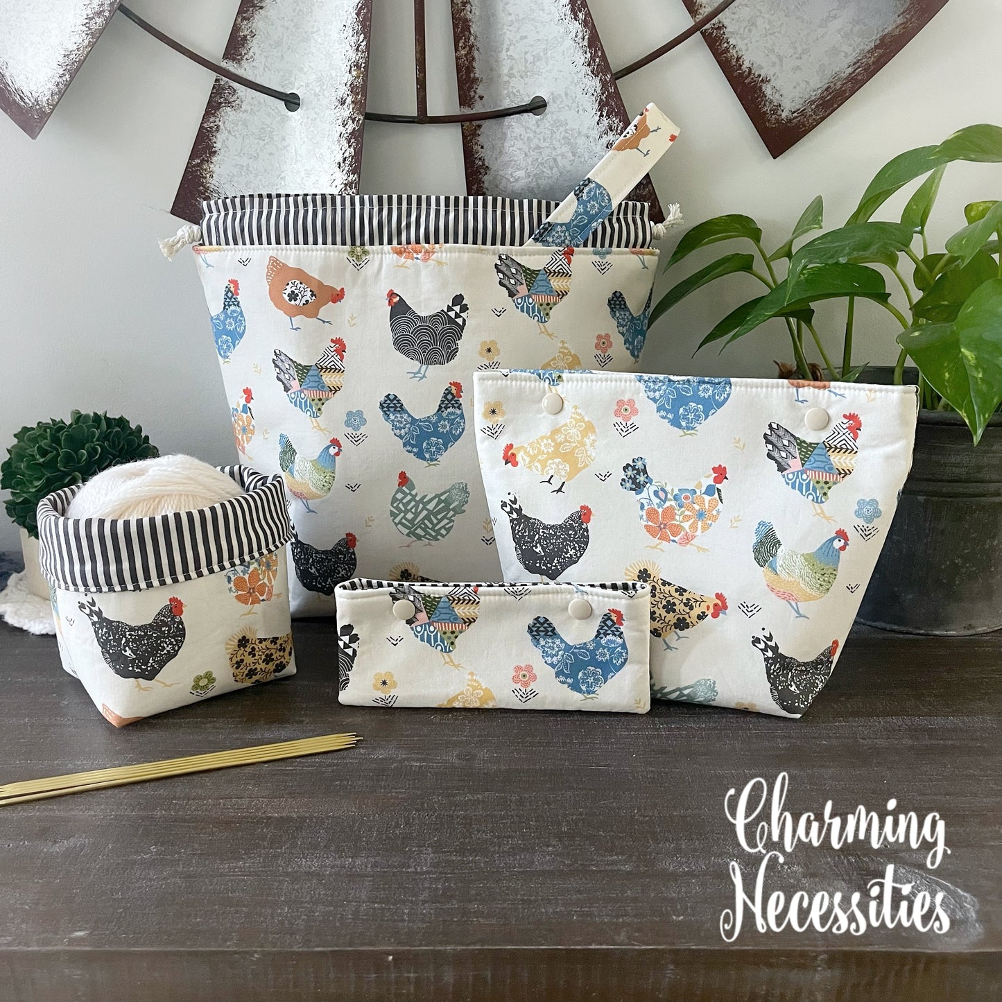 Knitting Project Bag Set, Floral Chickens