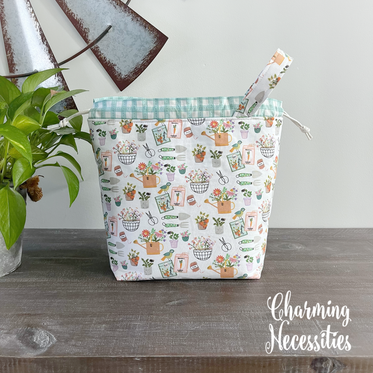 Knitting Project Bag, Spring Gardening Theme Drawstring Tote, Crochet Sewing Project Bag Sock Shawl Pouch, Gifts for Knitters Crocheters