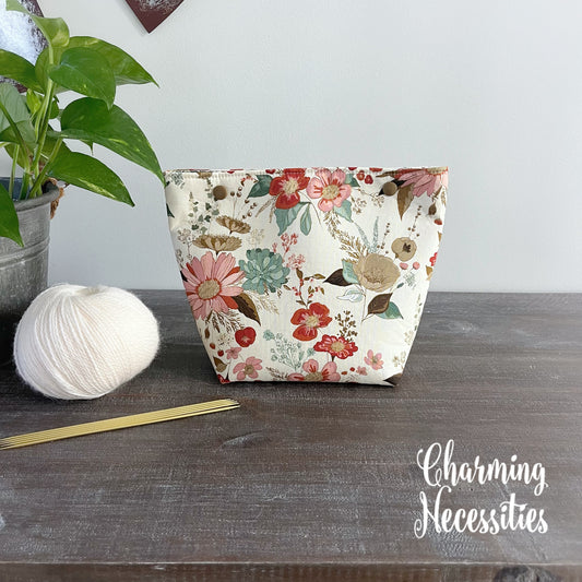 Small Snap Project Bag, Wildflower Meadow Ivory, Crochet Sewing Pouch, Gifts for Knitters Crocheters