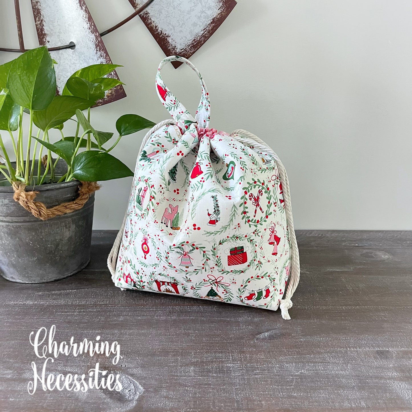 Knitting Project Bag, Retro Christmas Drawstring Tote