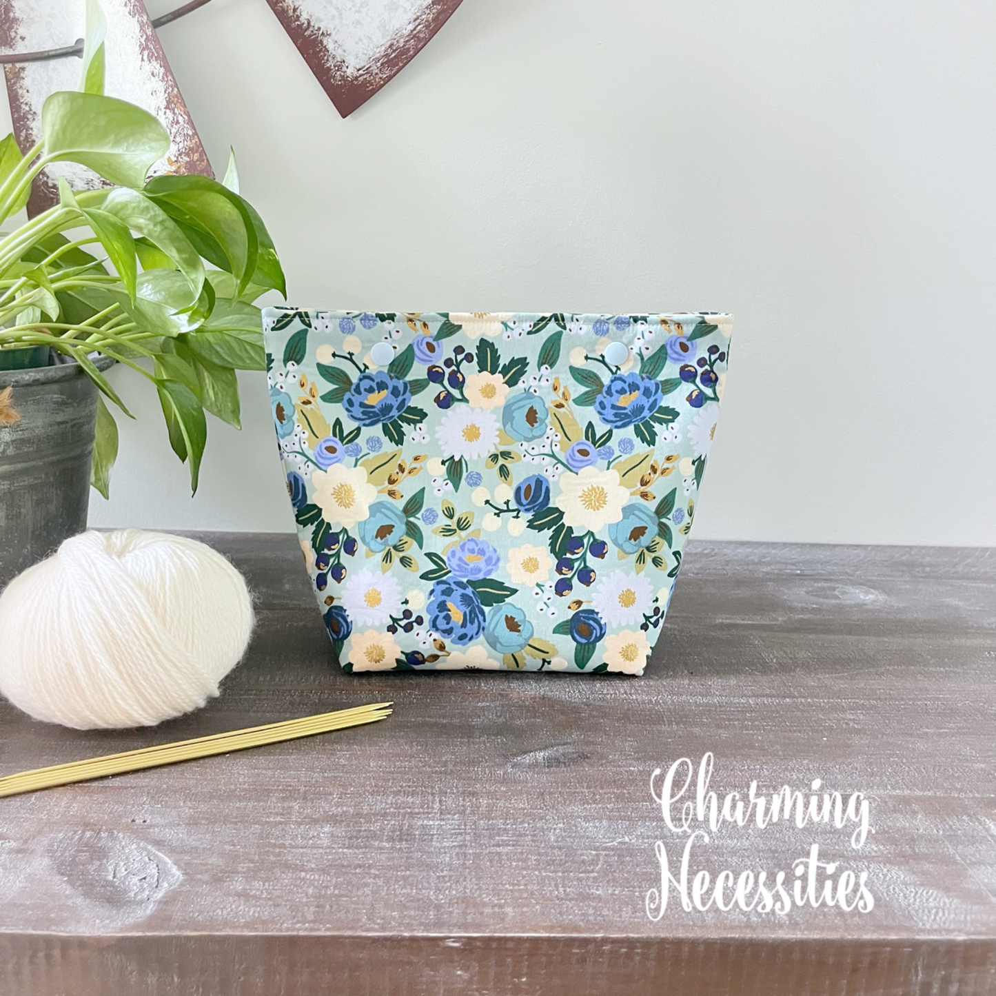 Small Snap Project Bag, Rifle Paper Co Vintage Blossoms Mint Crochet Sewing Pouch, Gifts for Knitters Crocheters
