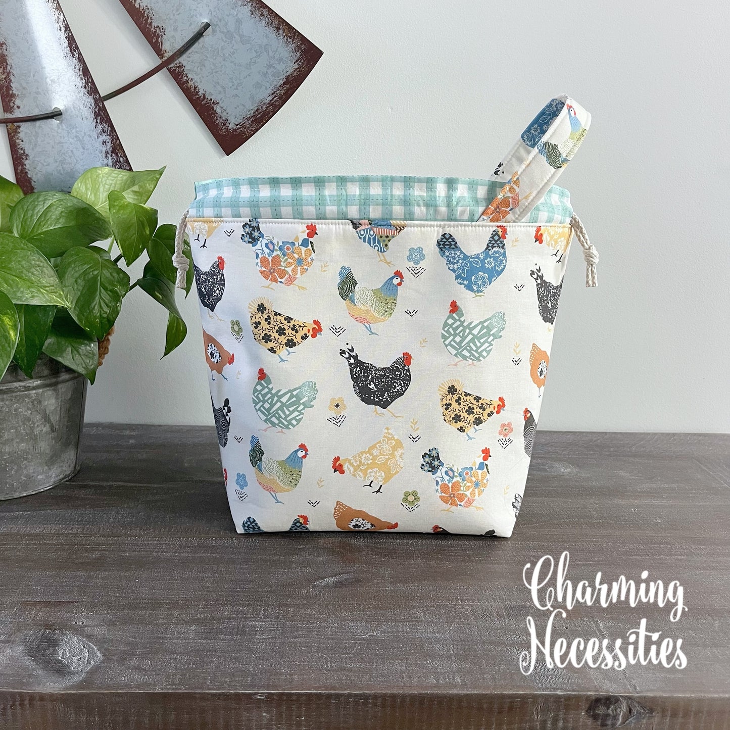 Knitting Project Bag, Floral Chickens, Drawstring Tote