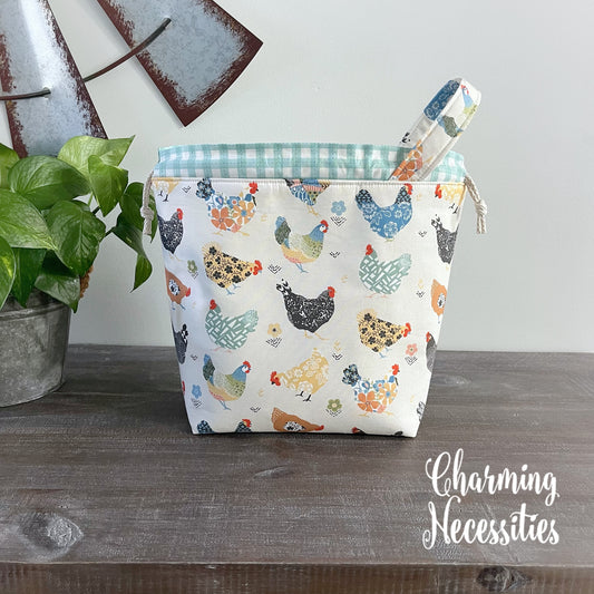 Knitting Project Bag, Floral Chickens, Drawstring Tote
