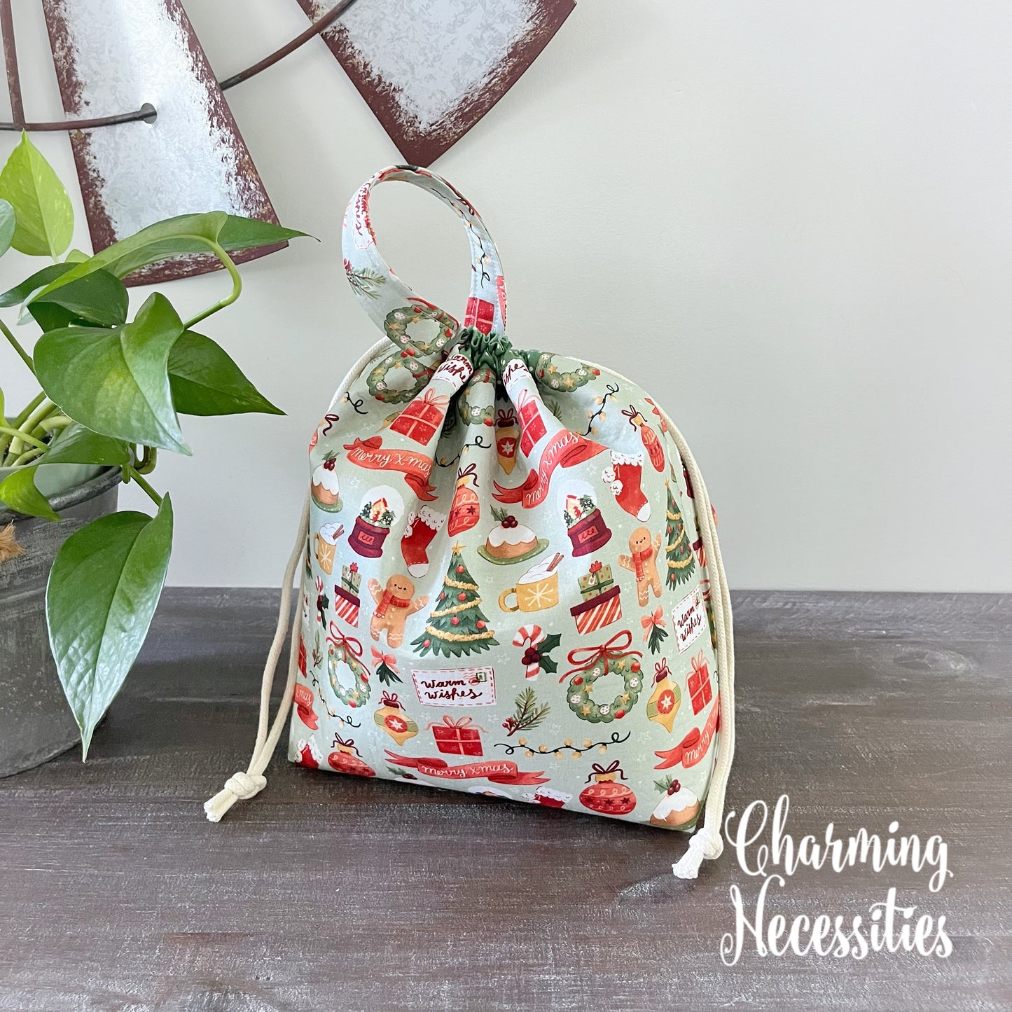 Knitting Project Bag,  Vintage Christmas Drawstring Tote