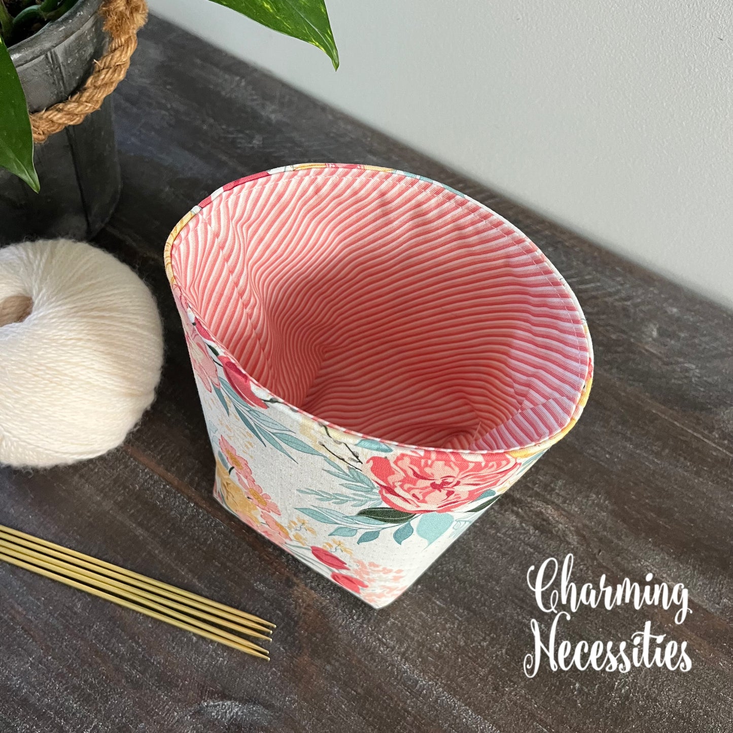 Yarn Bowl Cozy Basket, Pastel Floral on Ivory, Knitting Accessories Yarn Storage Organization
