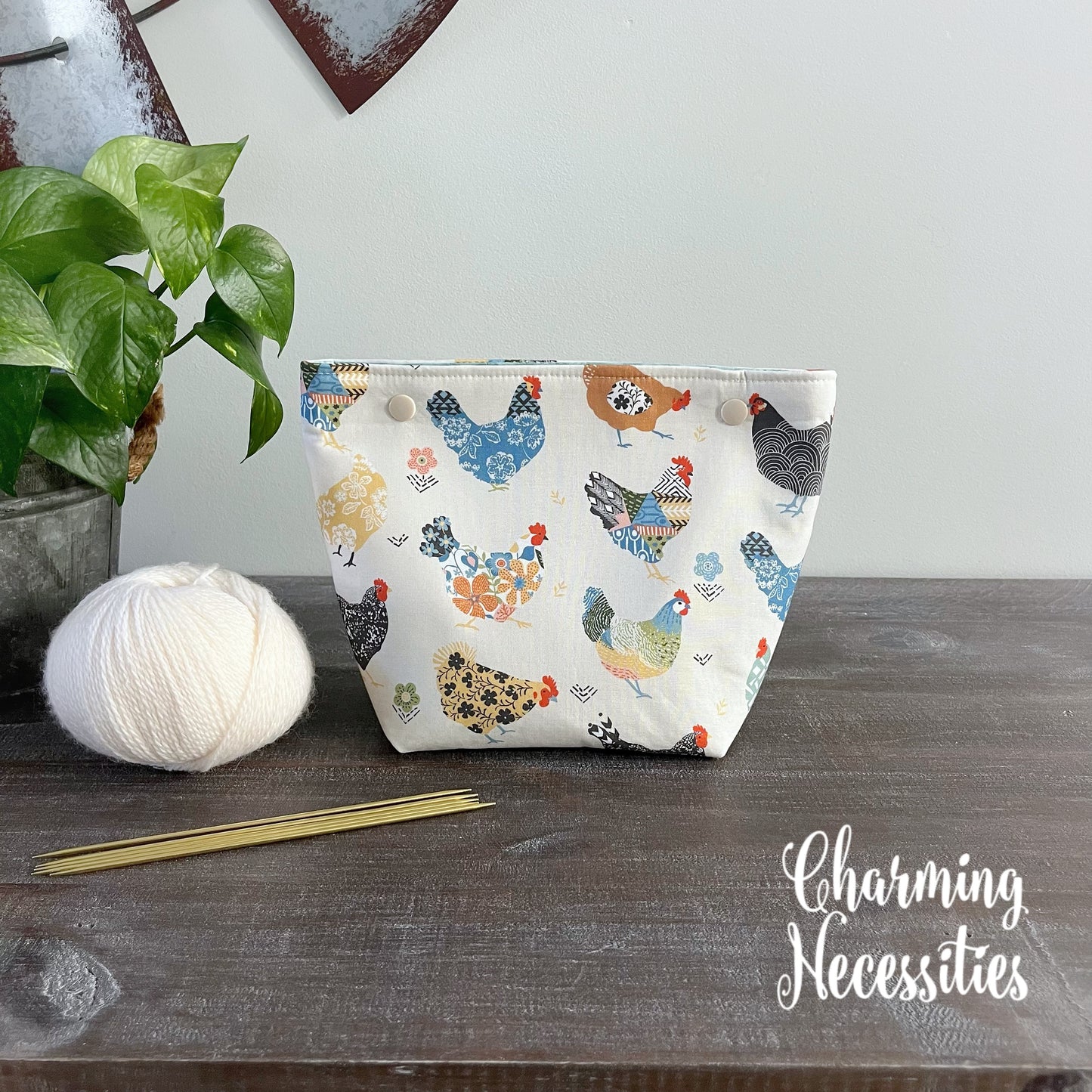 Small Snap Project Bag, Floral Chickens, Crochet Sewing Pouch, Gifts for Knitters Crocheters