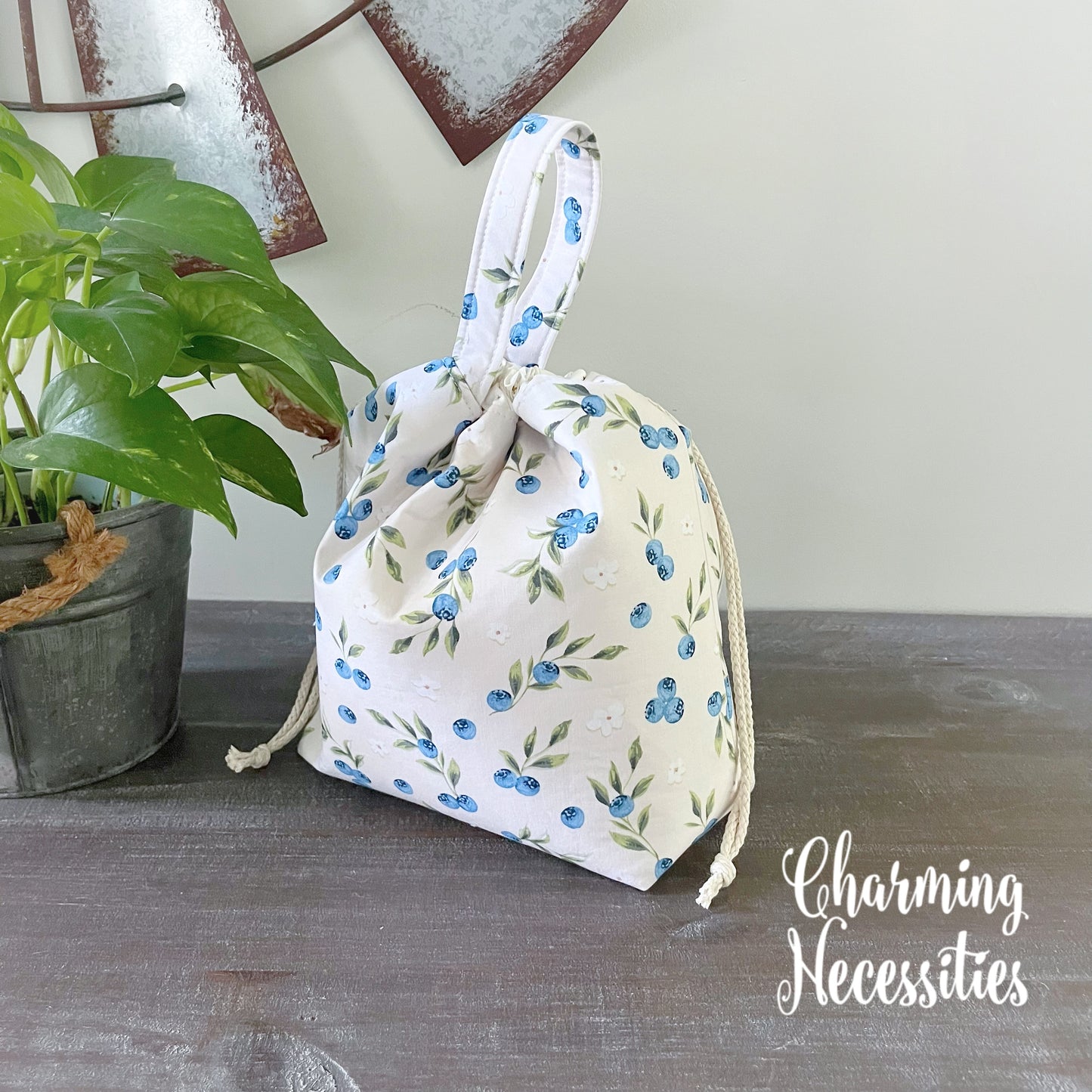 Knitting Project Bag, Blueberry Blossoms, Drawstring Tote