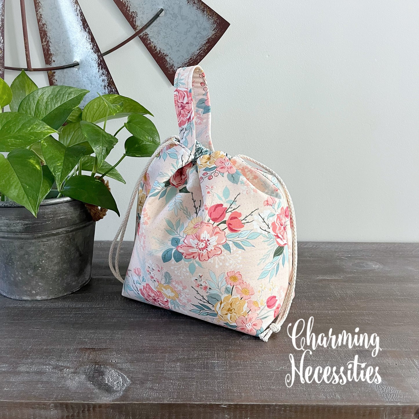 Knitting Project Bag, Pastel Floral on Pink, Drawstring Tote