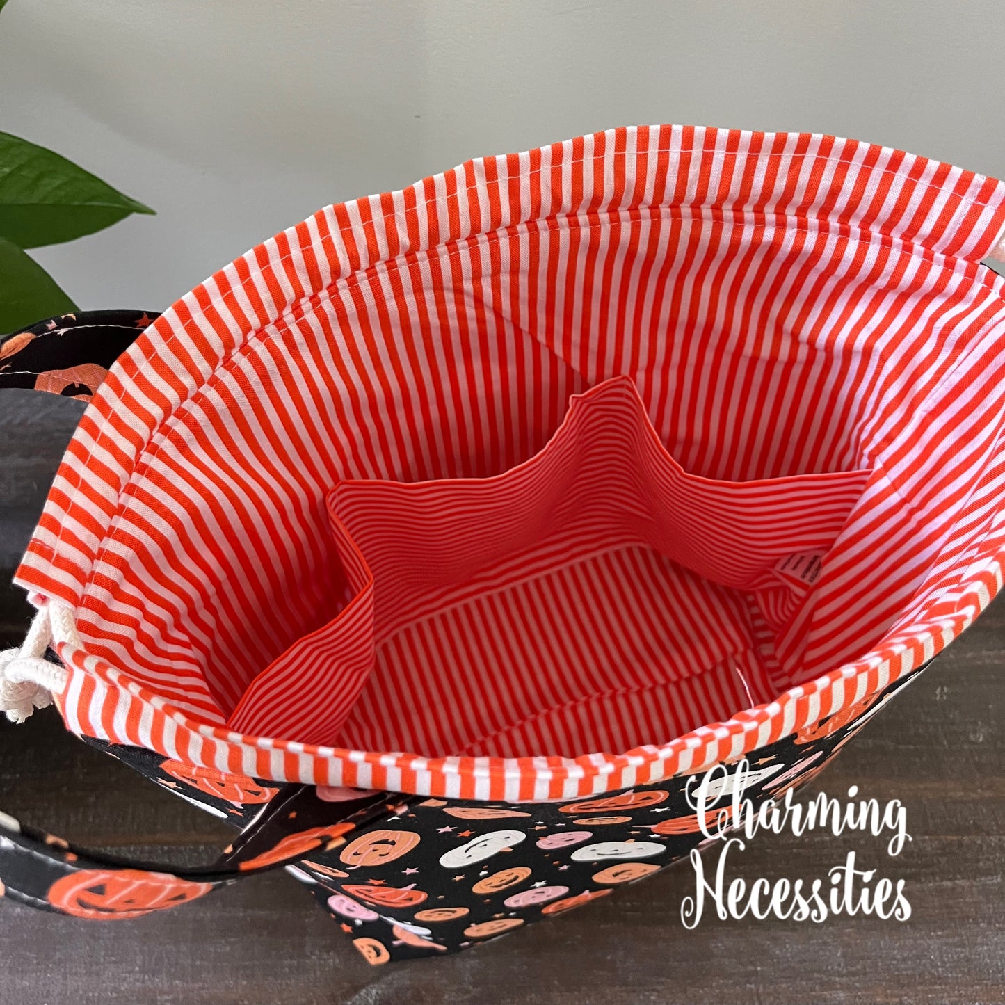 Knitting Project Bag, Jack o Lanterns on Black Drawstring Tote