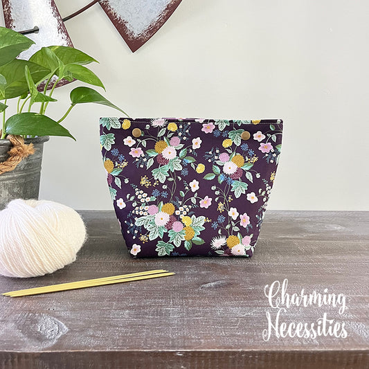 Small Snap Project Bag, Rifle Paper Co Dahlia Aubergine Crochet Sewing Pouch, Gifts for Knitters Crocheters