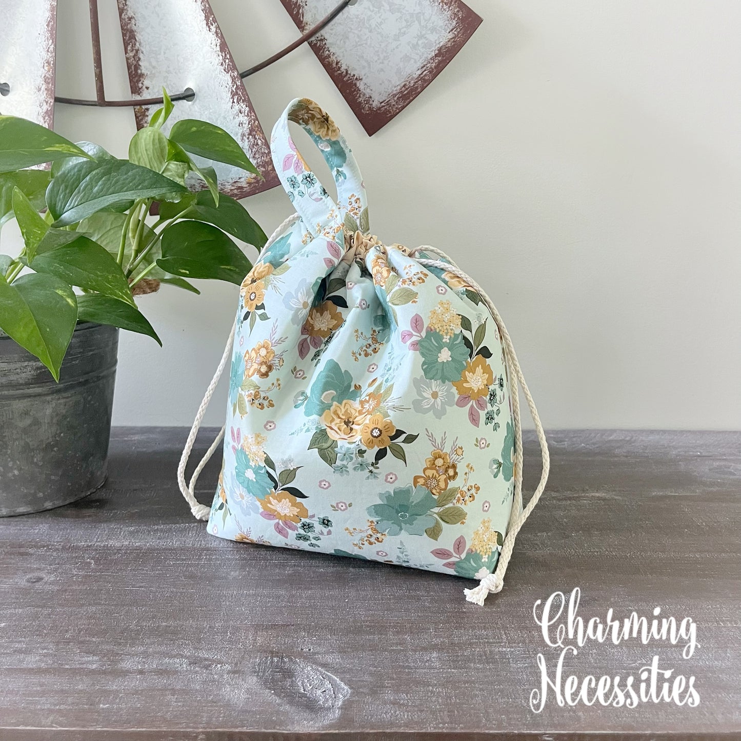 Knitting Project Bag, Cottage Garden, Drawstring Tote