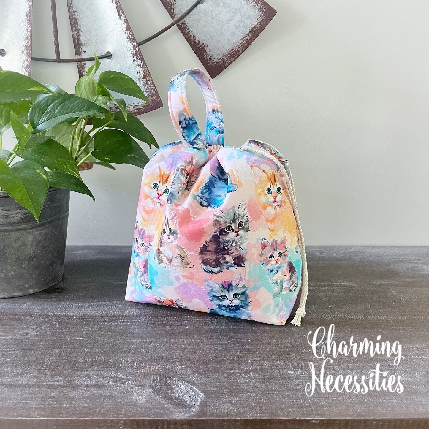 Knitting Project Bag, Pastel Kittens, Drawstring Tote