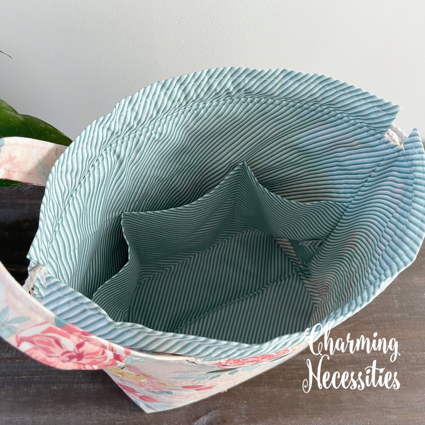 Knitting Project Bag, Pastel Floral on Pink, Drawstring Tote