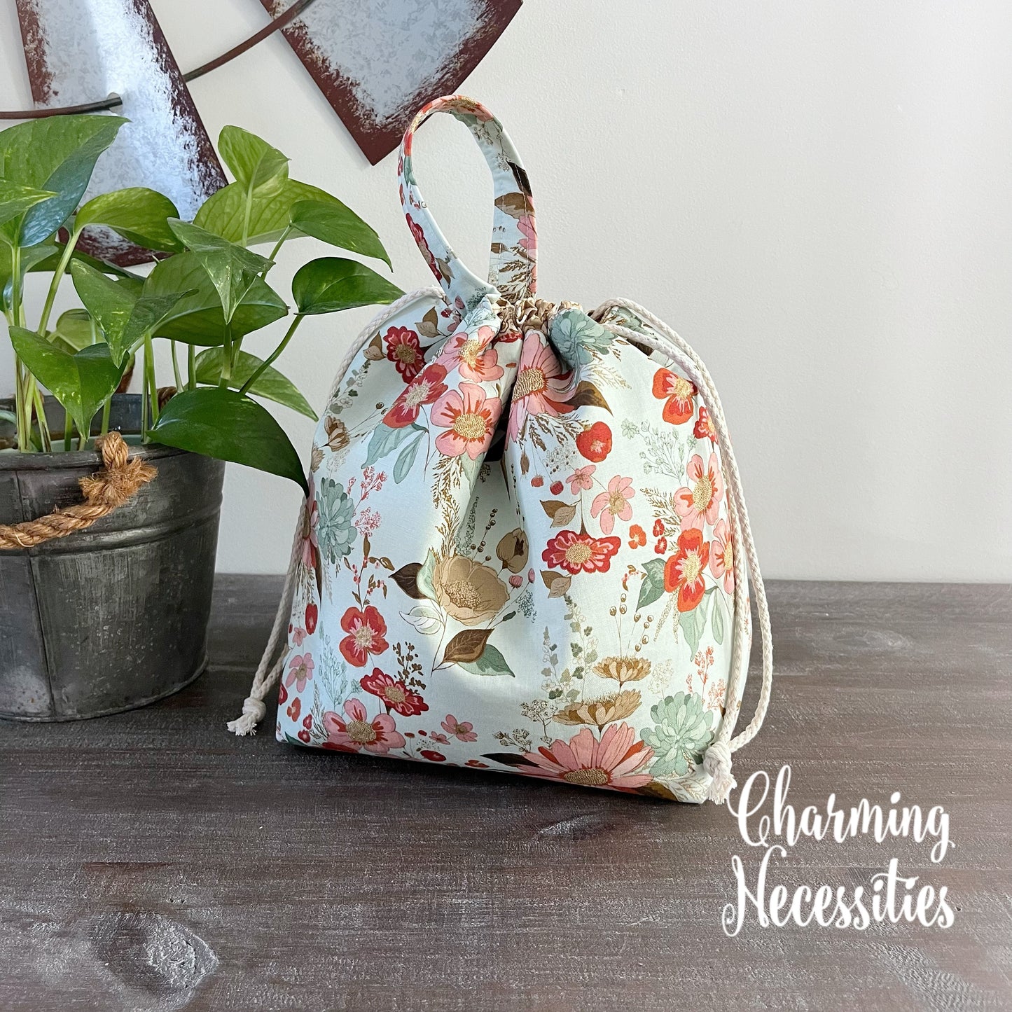 Knitting Project Bag, Wildflower Meadow Blue, Drawstring Tote