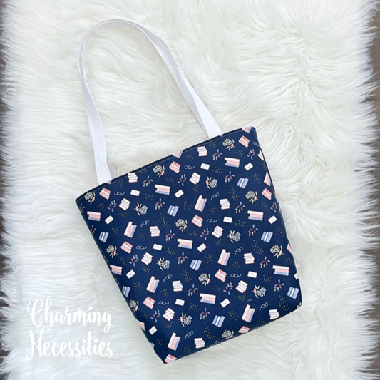 Tote Bag, Books on Navy Knitting Bag