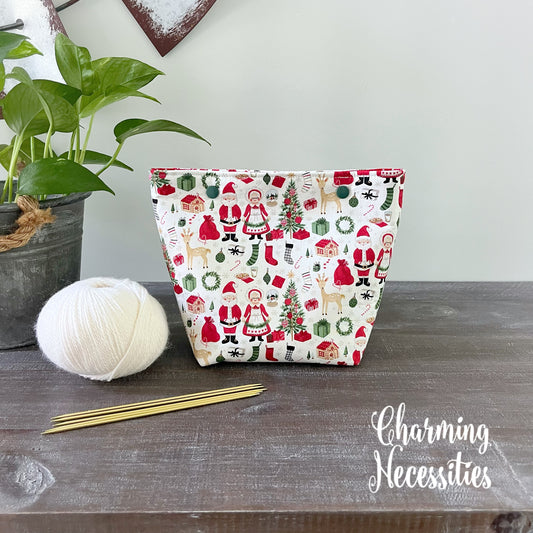 Small Snap Project Bag, Santa and Mrs Claus Crochet Sewing Pouch, Gifts for Knitters Crocheters