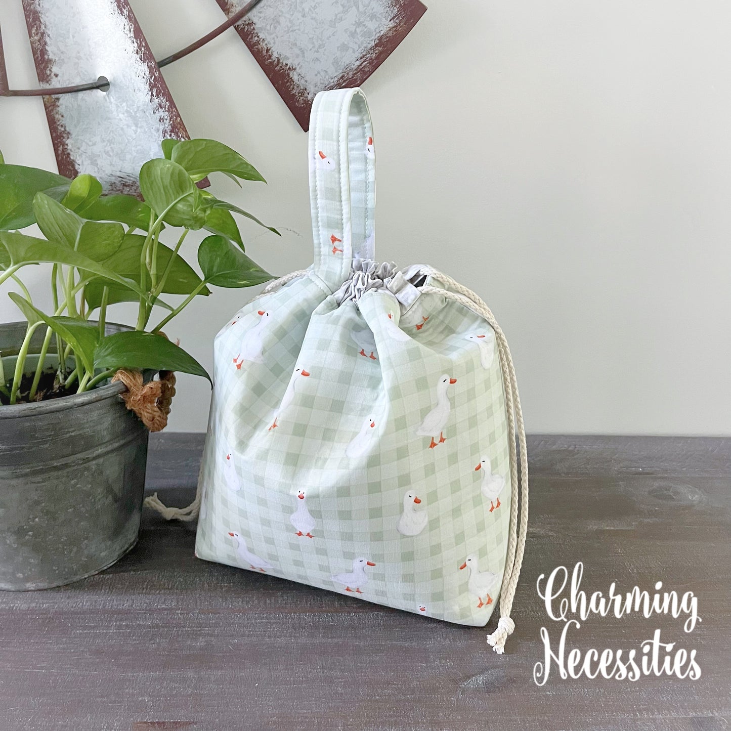 Knitting Project Bag, Ducks and Gingham, Drawstring Tote