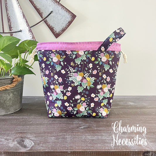 Knitting Project Bag, Rifle Paper Co Dahlia Aubergine Drawstring Tote