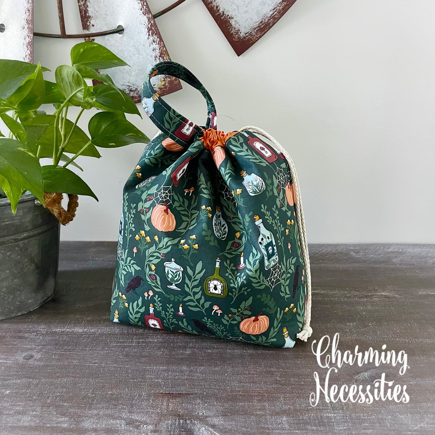 Knitting Project Bag, Halloween Apothecary Green, Drawstring Tote