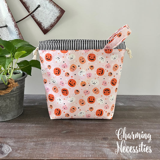 Knitting Project Bag, Jack o Lanterns on Pink Drawstring Tote