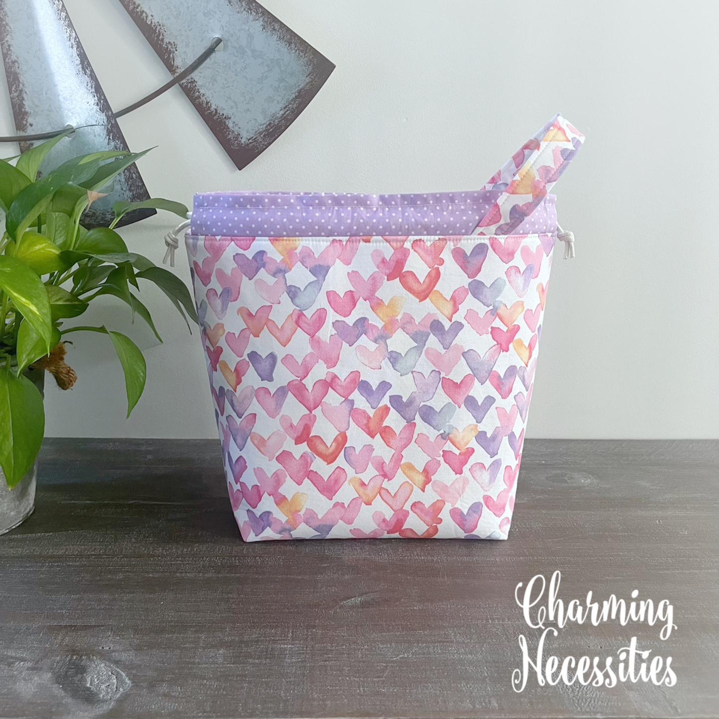 Knitting Project Bag, Watercolor Hearts Valentines Day Drawstring Tote