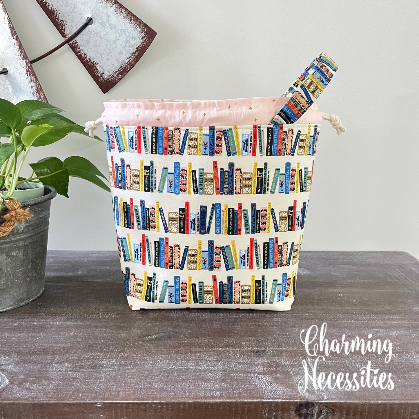 Knitting Project Bag, Rifle Paper Co Book Club on Ivory Drawstring Tote