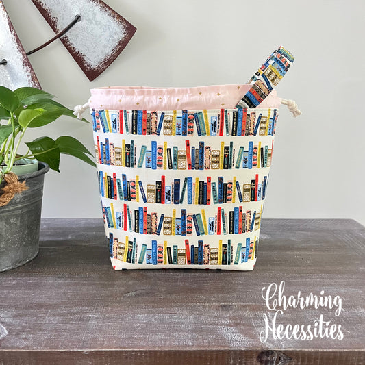 Knitting Project Bag, Rifle Paper Co Book Club on Ivory Drawstring Tote
