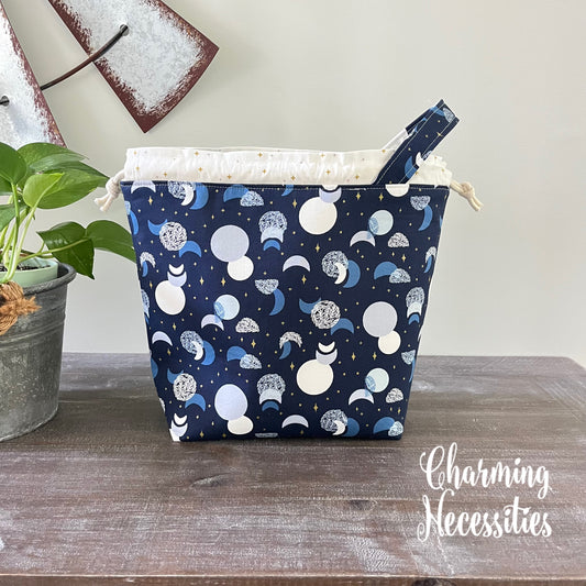 Knitting Project Bag, Moon and Stars Celestial Cosmic Drawstring Tote